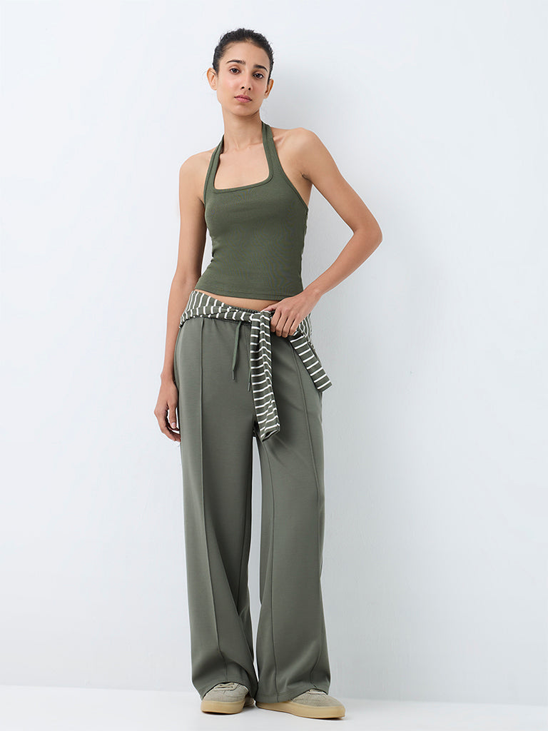Nuoflexx Olive Halter-Neck Cotton-Blend Top