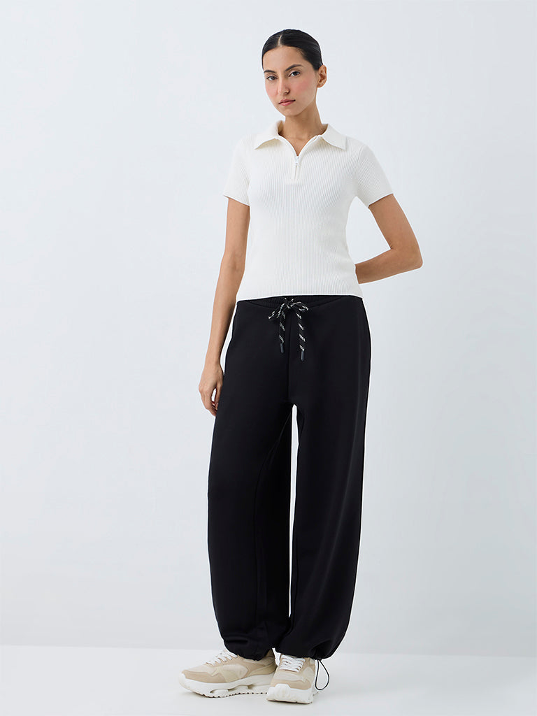 Nuoflexx White Ribbed-Textured Quarter Zip Polo T-Shirt