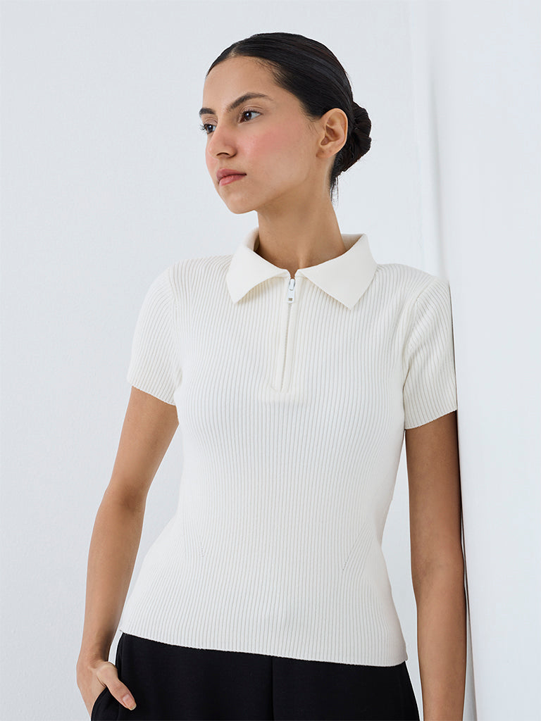 Nuoflexx White Ribbed-Textured Quarter Zip Polo T-Shirt