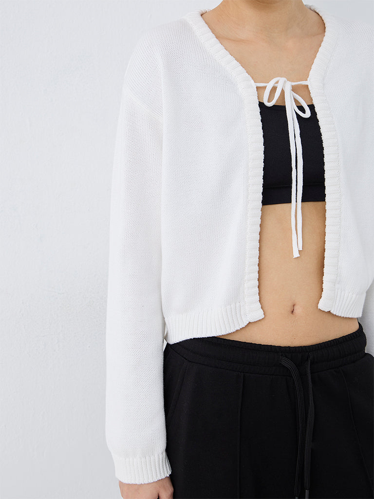 Nuoflexx White Knit-Textured Cotton-Blend Shrug