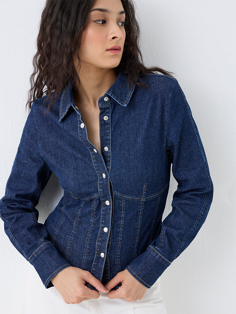 Nuon Dark Blue Fitted Denim Shirt