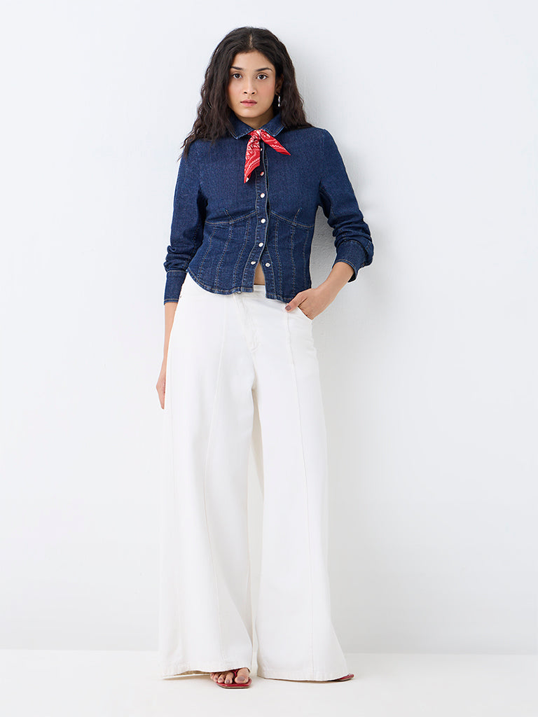 Nuon Dark Blue Fitted Denim Shirt
