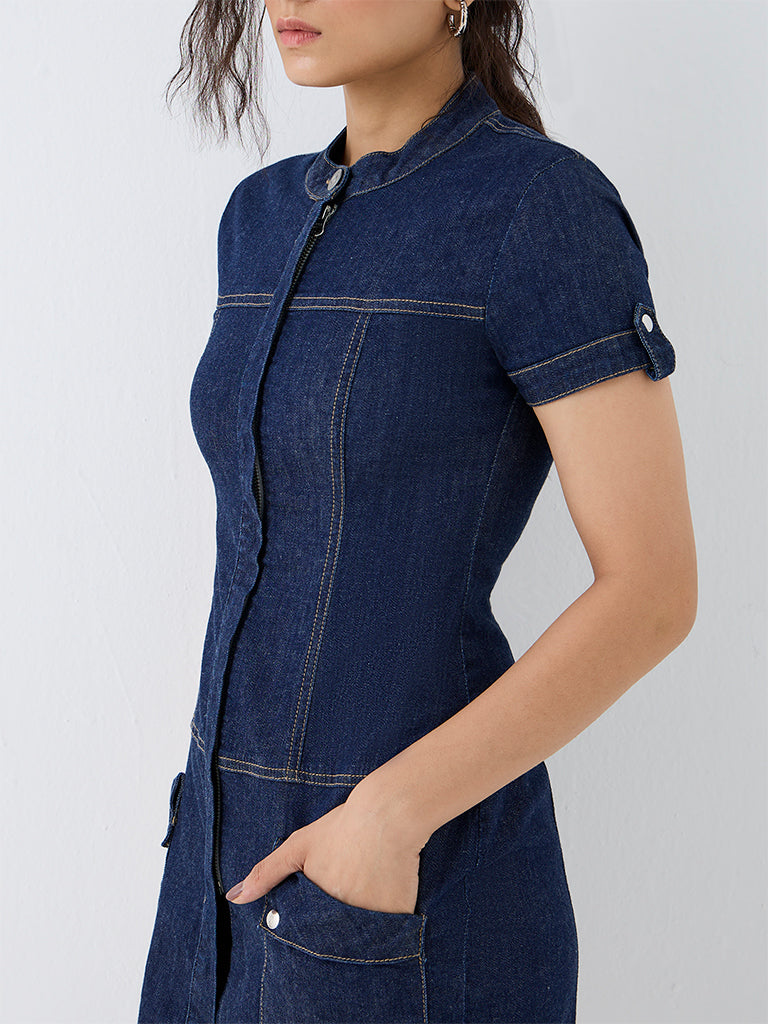 Nuon Indigo Pocket-Detail Sheath Denim Dress