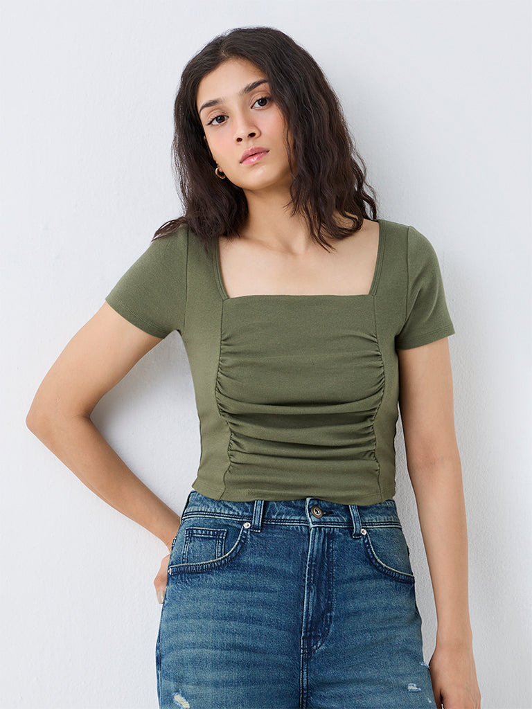 Nuon Dark Olive Ruched Cotton Top