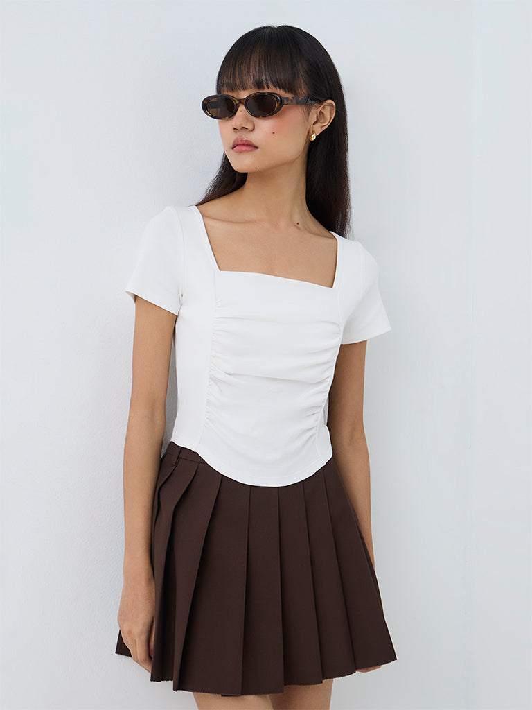 Nuon White Ruched Cotton-Blend Top