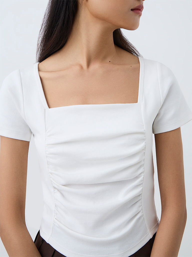Nuon White Ruched Cotton-Blend Top