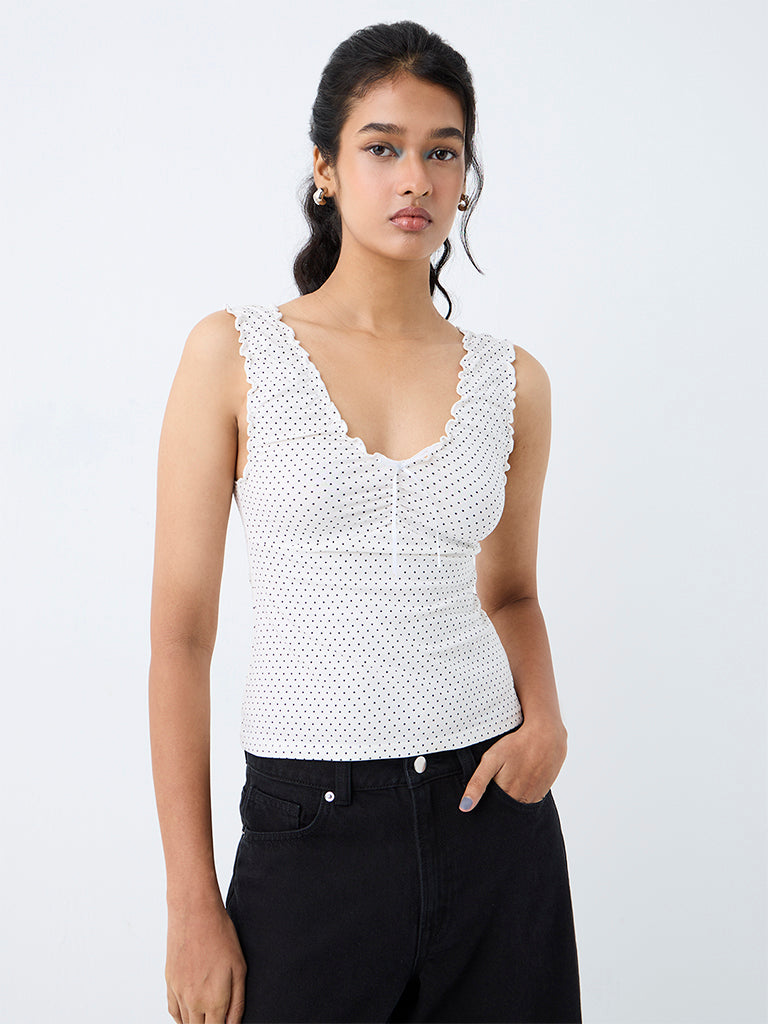 Nuon White Polka-Dot Printed Cotton Top