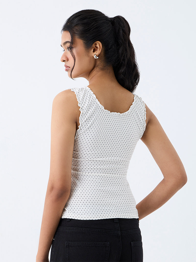 Nuon White Polka-Dot Printed Cotton Top