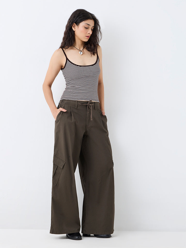 Nuon Dark Brown Striped Cotton Top