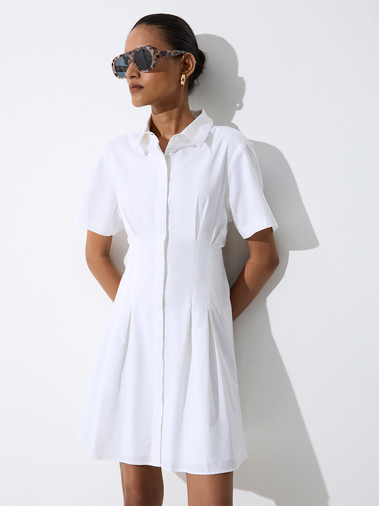 Wardrobe White Pleated Cotton Shirt Dress