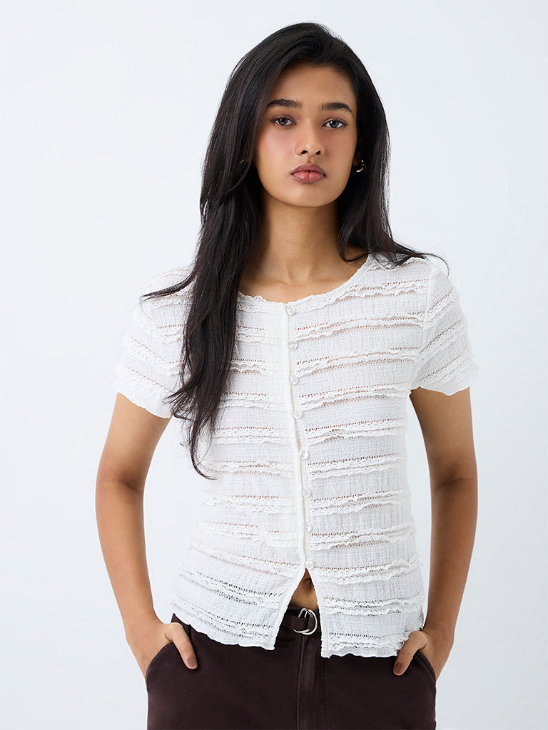 LOV White Lace-Detail Textured Cotton-Blend Top