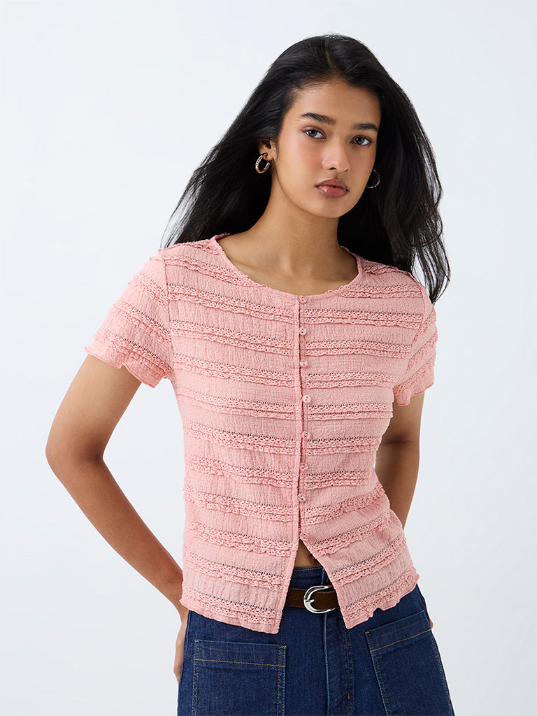 LOV Pink Lace-Detail Textured Cotton-Blend Top