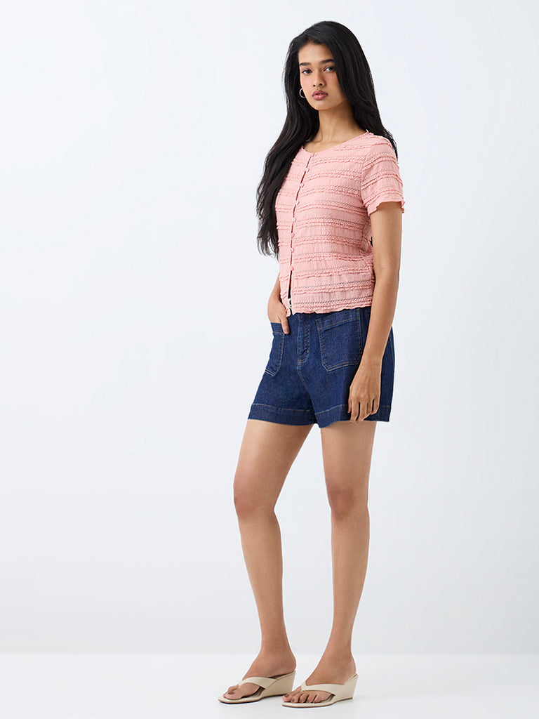 LOV Pink Lace-Detail Textured Cotton-Blend Top