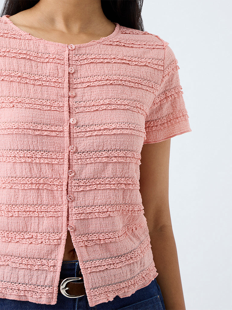 LOV Pink Lace-Detail Textured Cotton-Blend Top