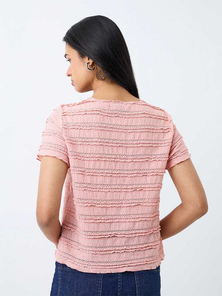 LOV Pink Lace-Detail Textured Cotton-Blend Top