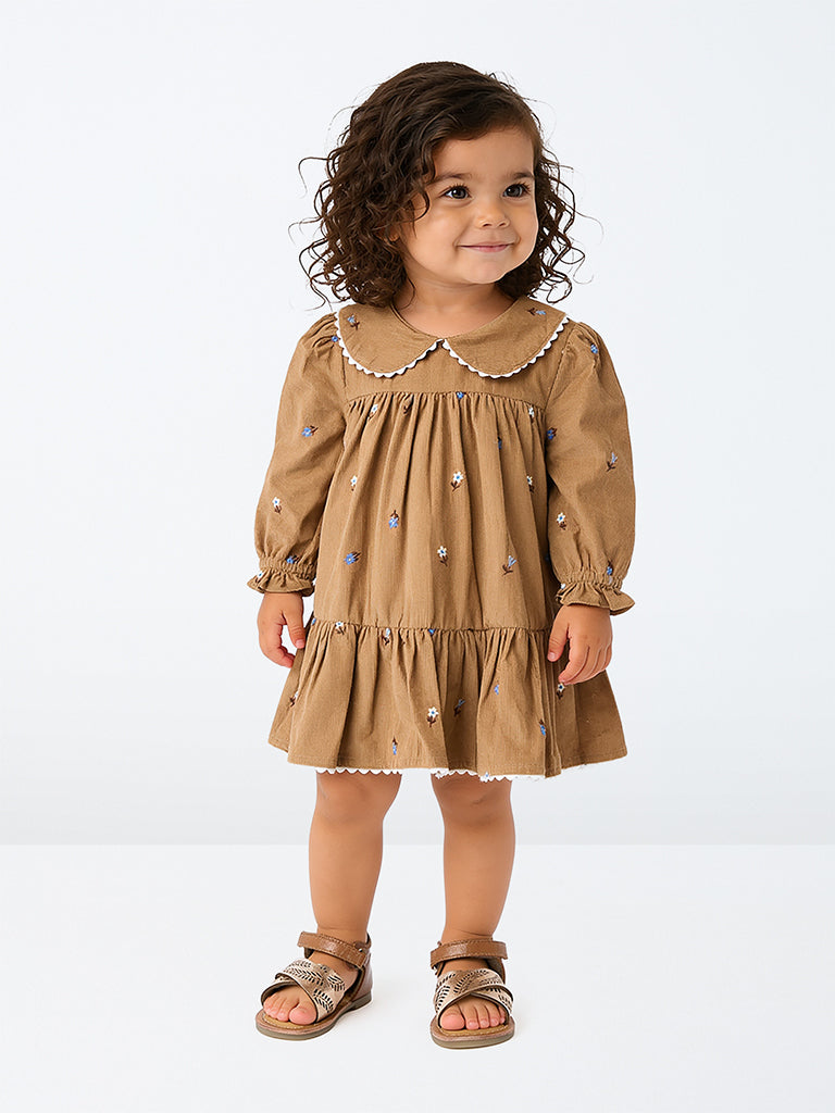 HOP Baby Girls Brown Floral Embroidered Cotton Tiered Dress