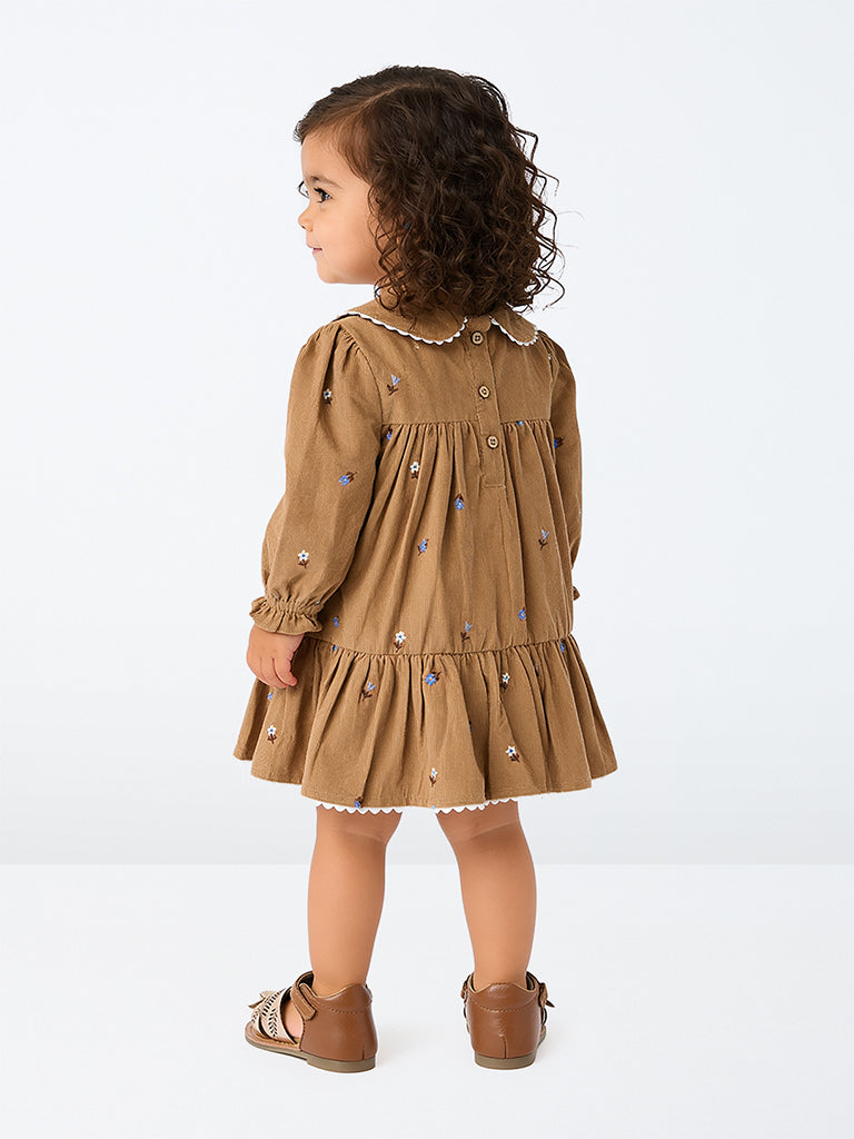 HOP Baby Girls Brown Floral Embroidered Cotton Tiered Dress