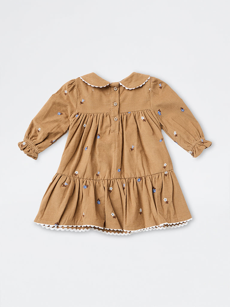 HOP Baby Girls Brown Floral Embroidered Cotton Tiered Dress