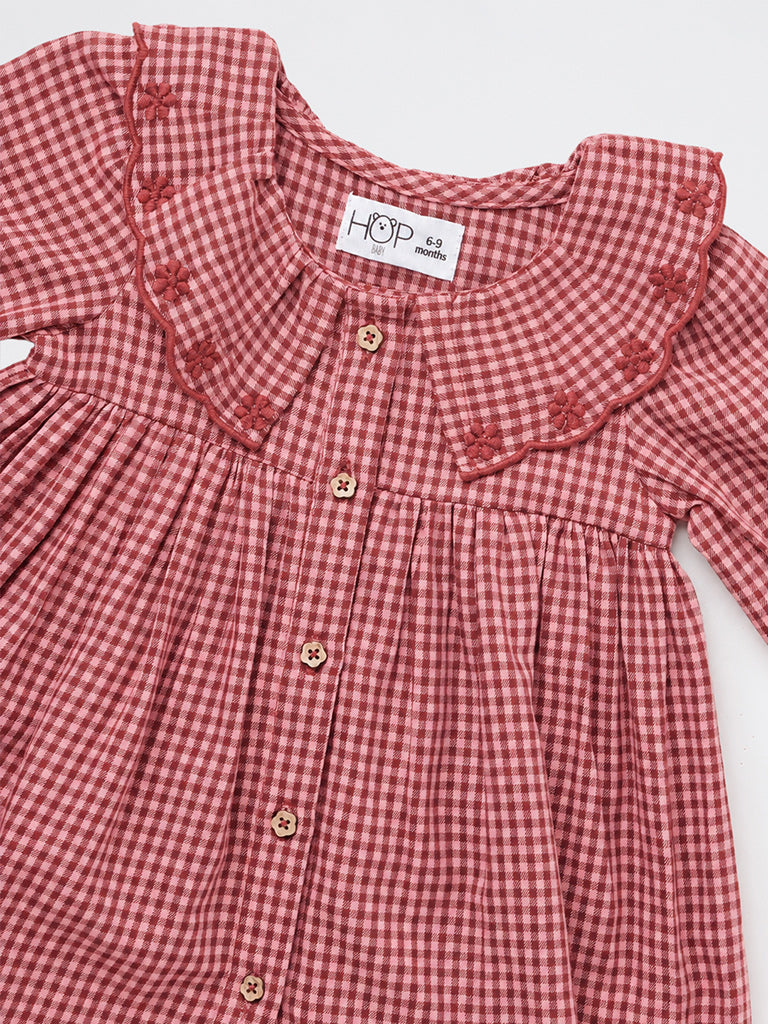 HOP Baby Girls Red Gingham Checkered Cotton A-Line Dress