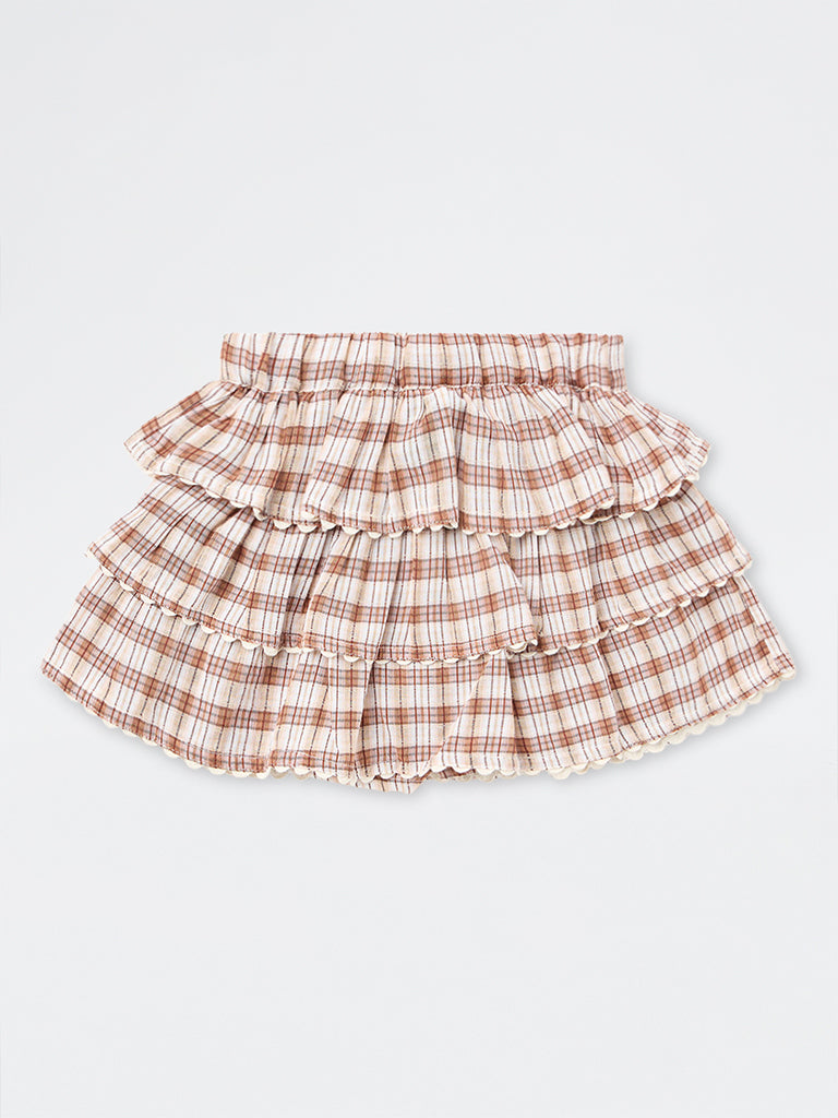 HOP Kids Girls Brown Checkered High-Rise Tiered Skirt