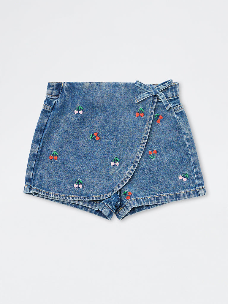 HOP Kids Girls Blue Embroidered High-Rise Denim Skort