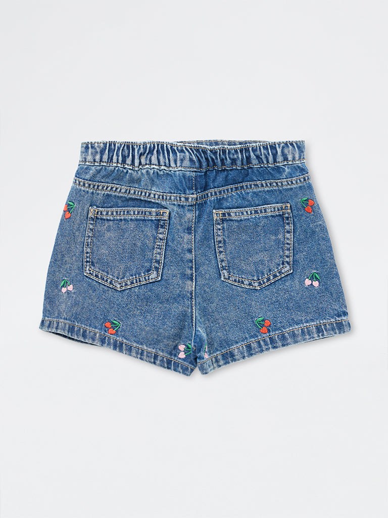 HOP Kids Girls Blue Embroidered High-Rise Denim Skort