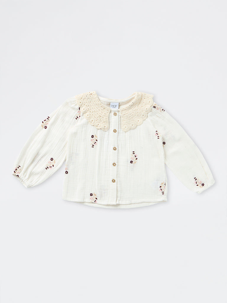 HOP Kids Girls Off-White Floral Embroidered Cotton Top