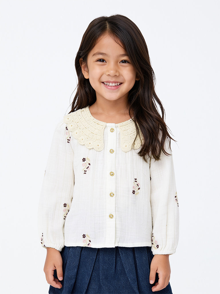 HOP Kids Girls Off-White Floral Embroidered Cotton Top