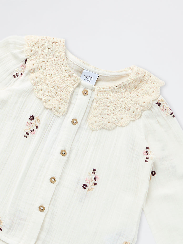 HOP Kids Girls Off-White Floral Embroidered Cotton Top