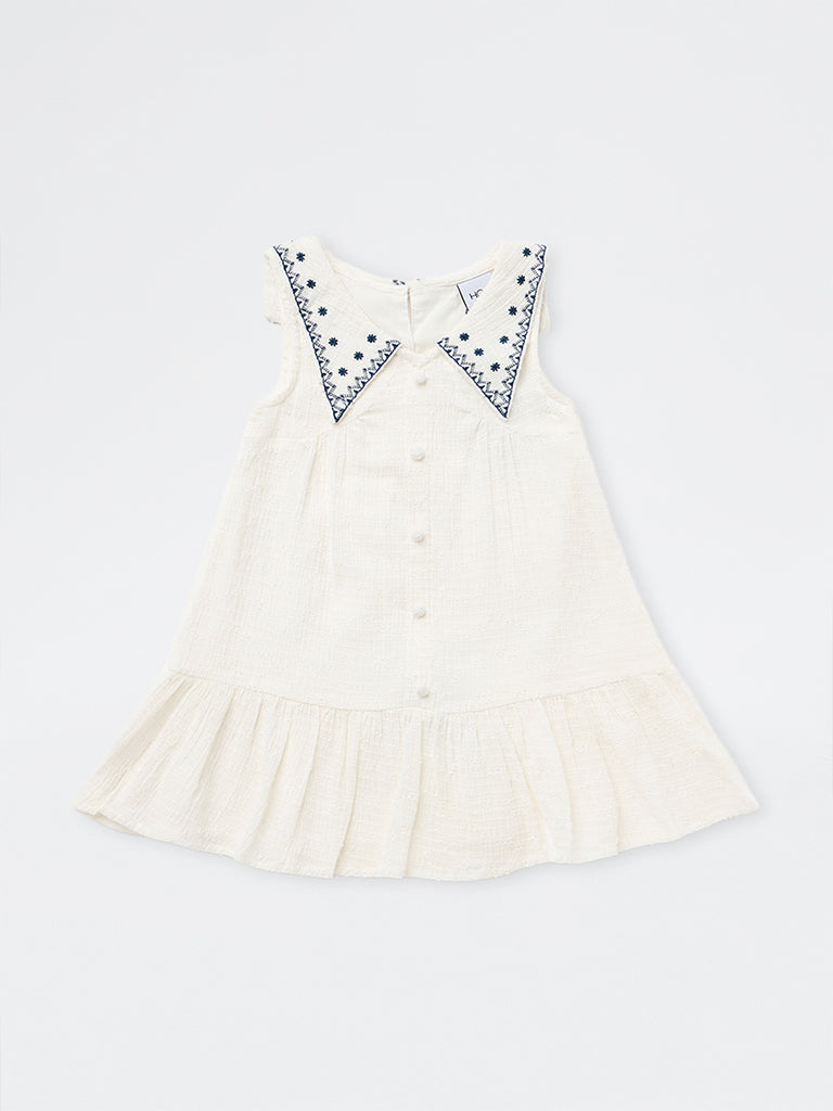 HOP Kids Girls Off-White Embroidered Cotton Drop-Waist Dress