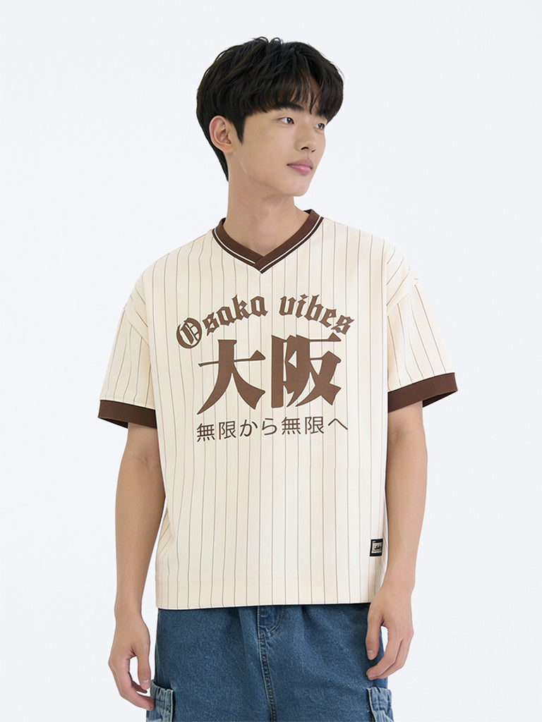 Boys Light Beige Japanese Printed Cotton-Blend T-Shirt
