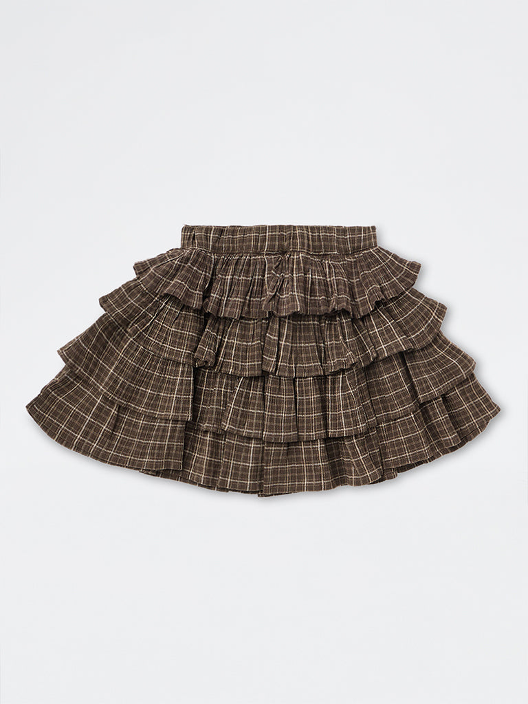 Girls Brown Checkered High-Rise Tiered Cotton Skirt