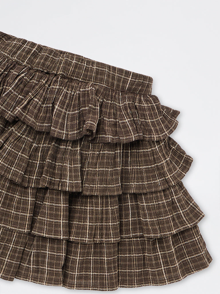 Girls Brown Checkered High-Rise Tiered Cotton Skirt