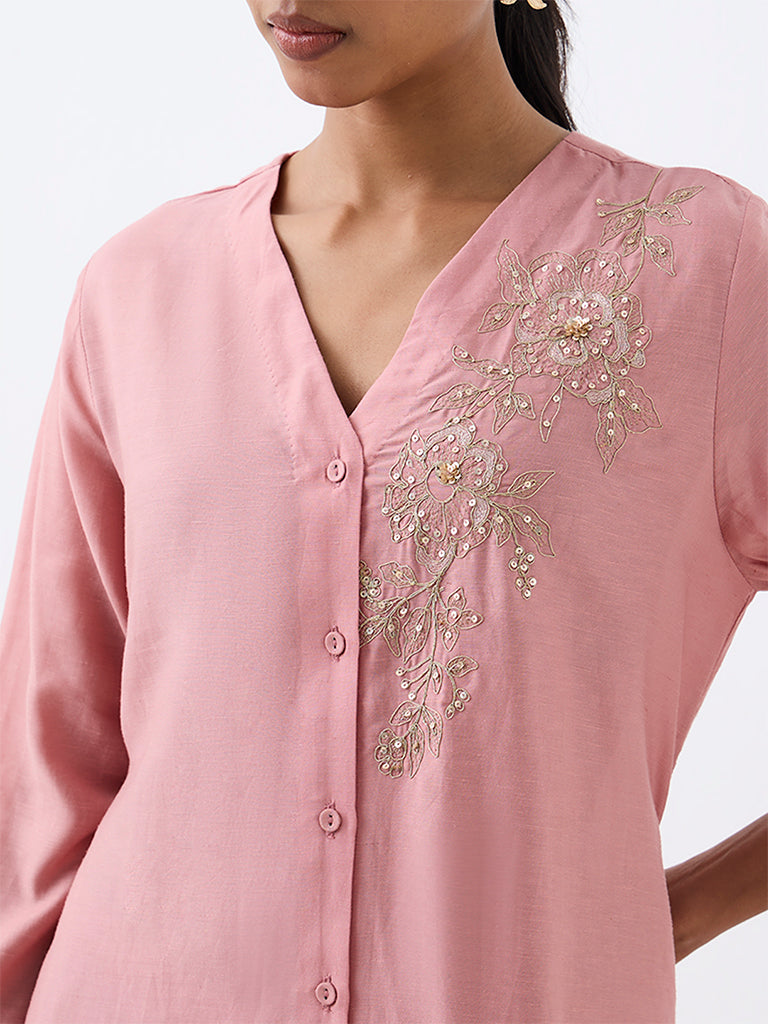 Zuba Pink Floral Embellished Asymmetrical Kurta