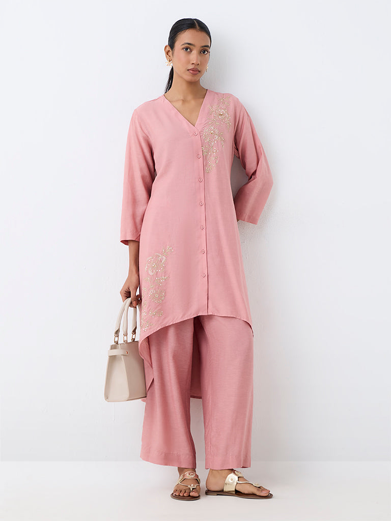 Zuba Pink Floral Embellished Asymmetrical Kurta