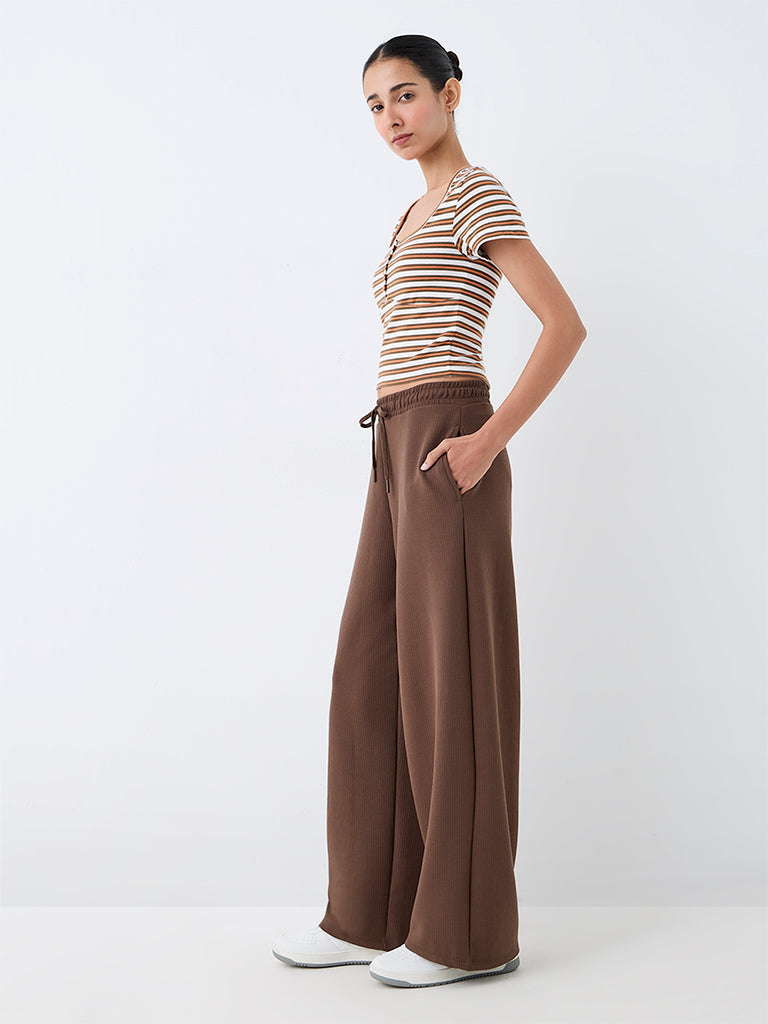 Nuoflexx Brown Ribbed-Textured High-Rise Track Pants
