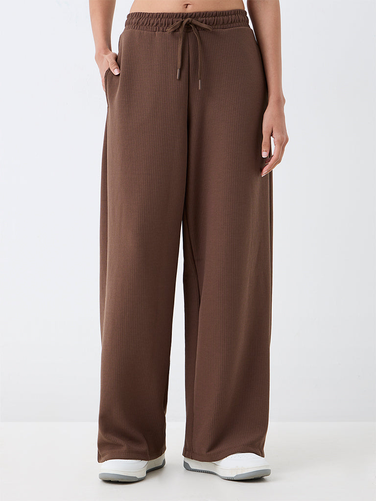 Nuoflexx Brown Ribbed-Textured High-Rise Track Pants