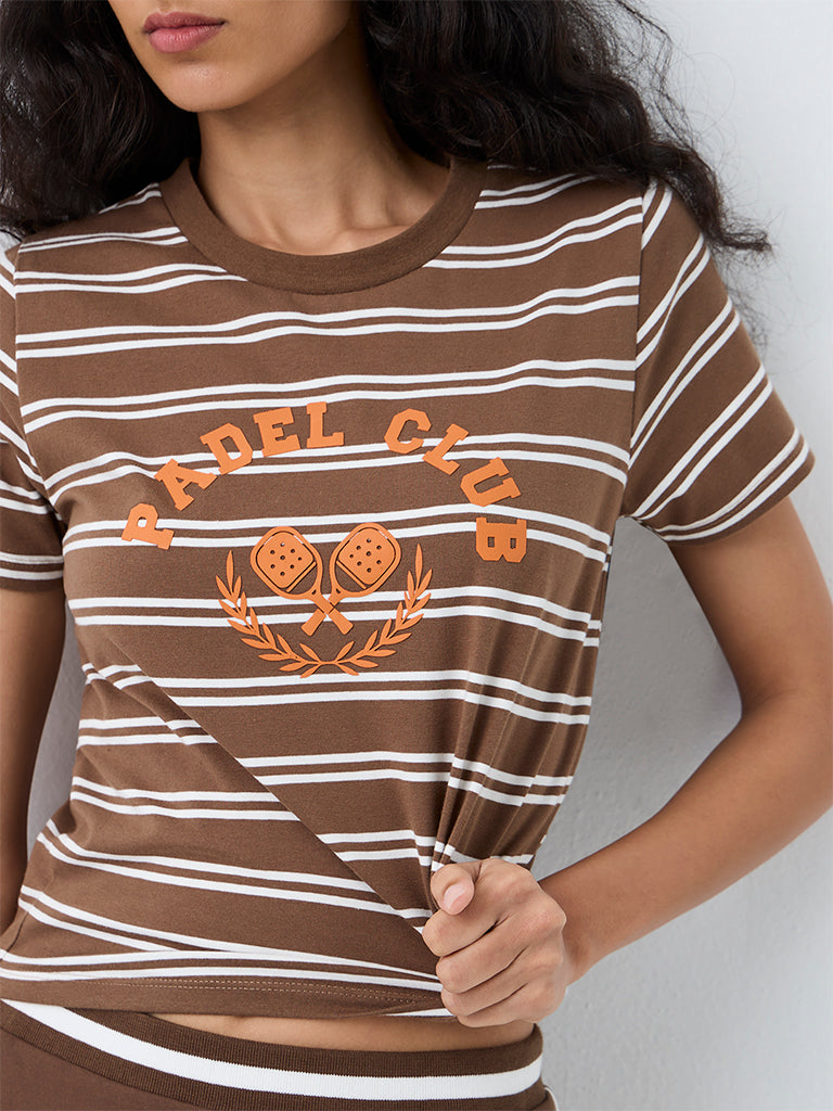 Nuoflexx Brown Striped Cotton-Blend T-Shirt
