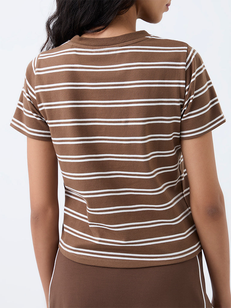 Nuoflexx Brown Striped Cotton-Blend T-Shirt