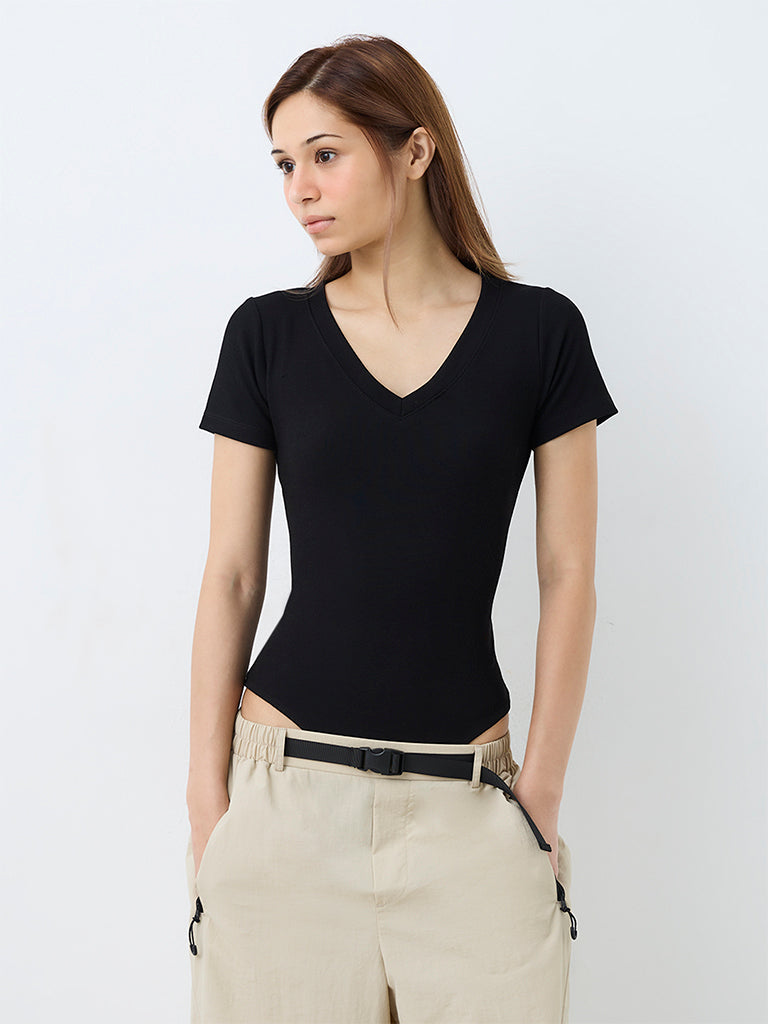 Nuoflexx Black Ribbed-Textured Bodysuit