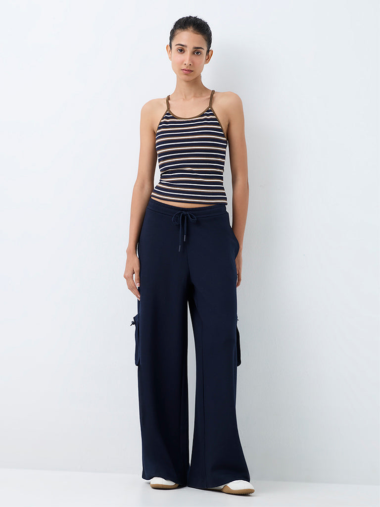 Nuoflexx Navy Striped Padded Cotton-Blend Top