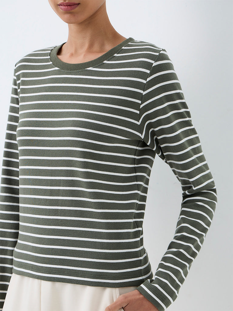 Nuoflexx Dark Sage Striped Cotton-Blend Top