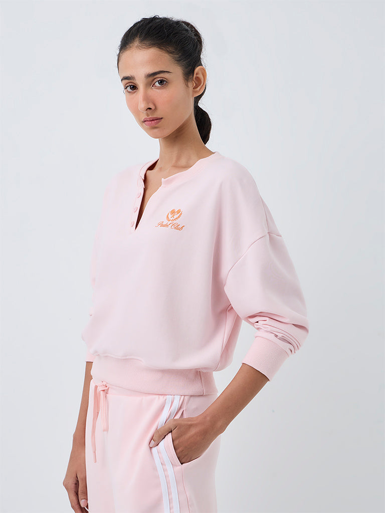 Nuoflexx Light Pink Text-Detail Cotton-Blend Top