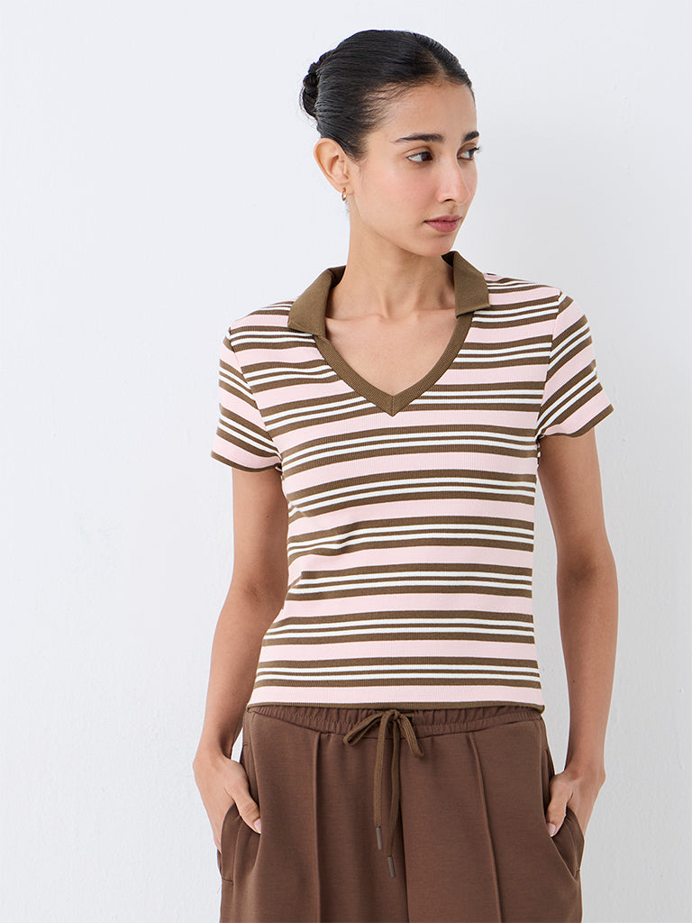 Nuoflexx Pink and Brown Striped Cotton-Blend T-Shirt
