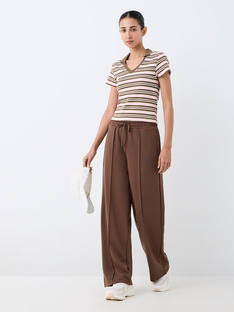 Nuoflexx Pink and Brown Striped Cotton-Blend T-Shirt