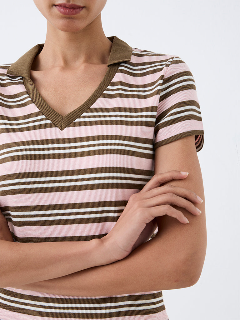 Nuoflexx Pink and Brown Striped Cotton-Blend T-Shirt