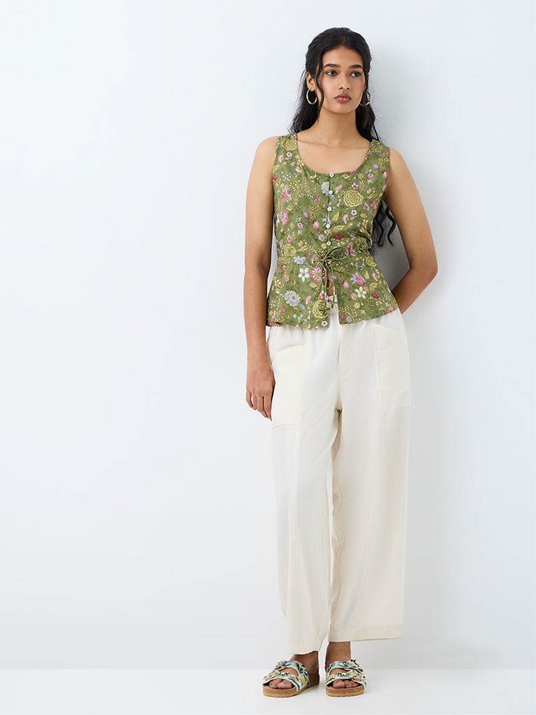 Bombay Paisley Off-White Solid High-Rise Cotton-Blend Pants