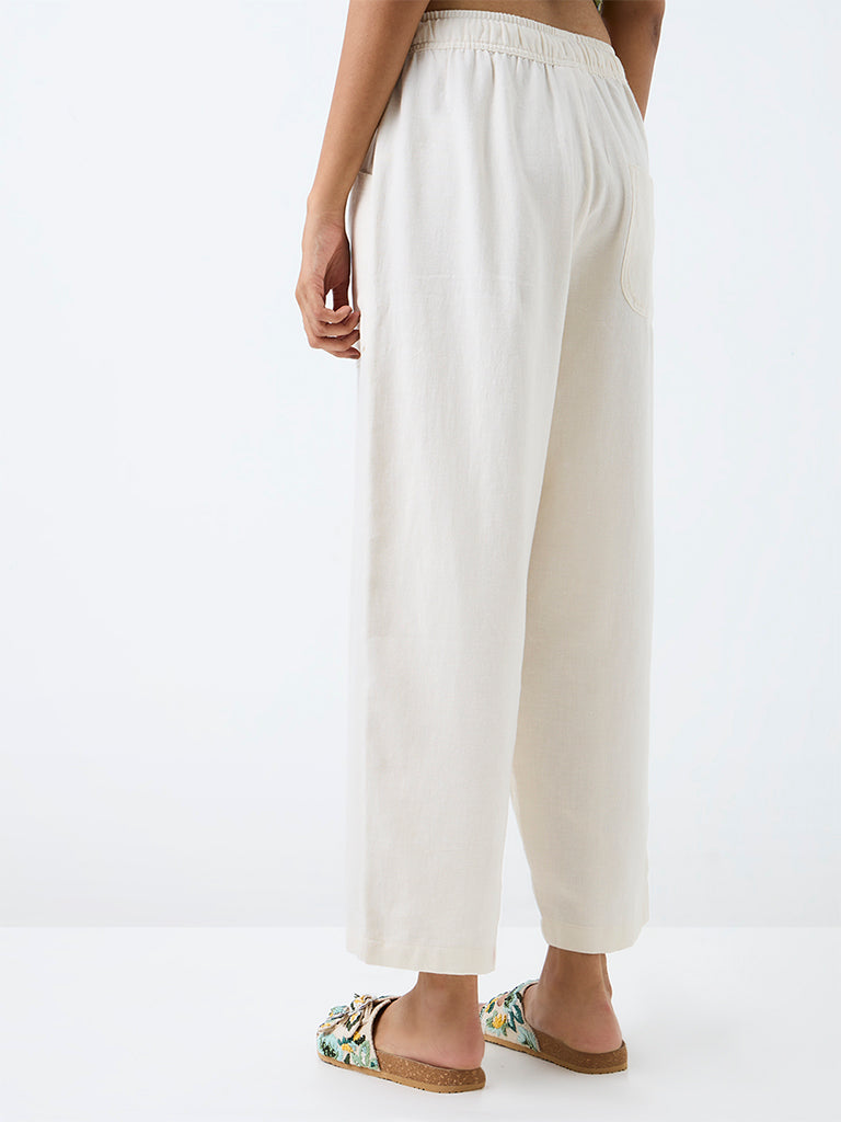 Bombay Paisley Off-White Solid High-Rise Cotton-Blend Pants