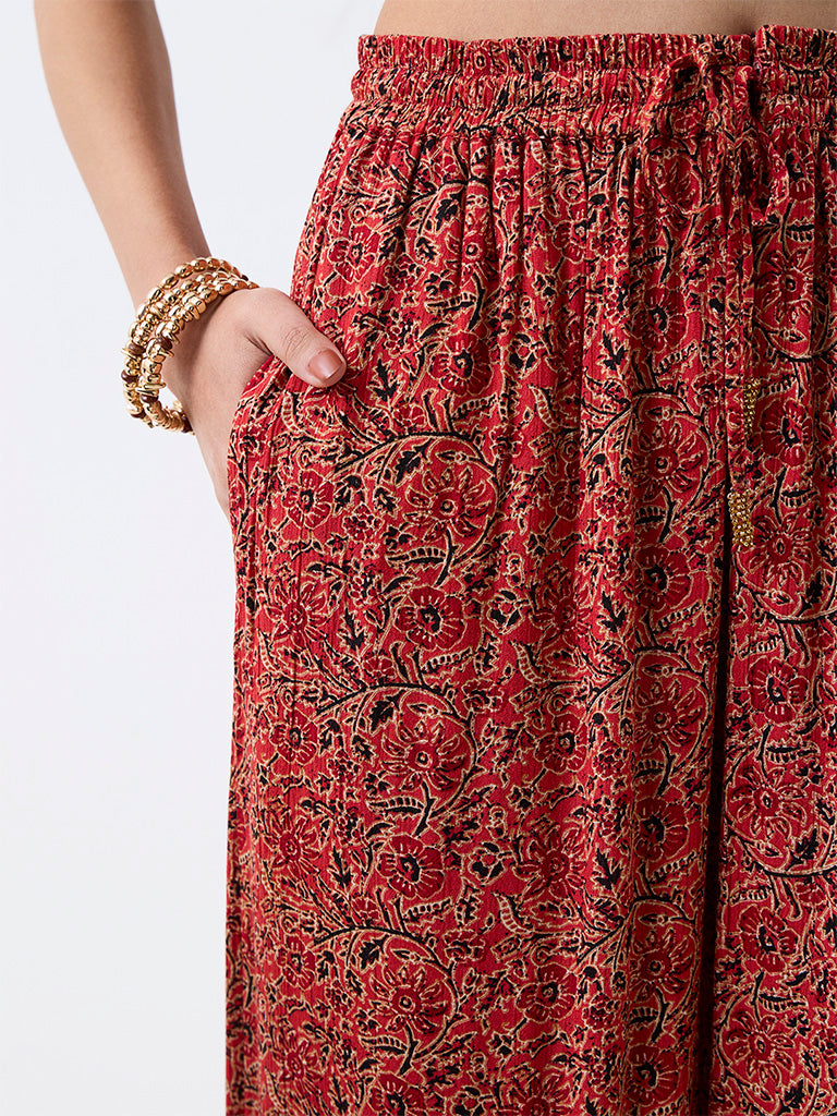 Bombay Paisley Red Floral Pattern High-Rise Pants