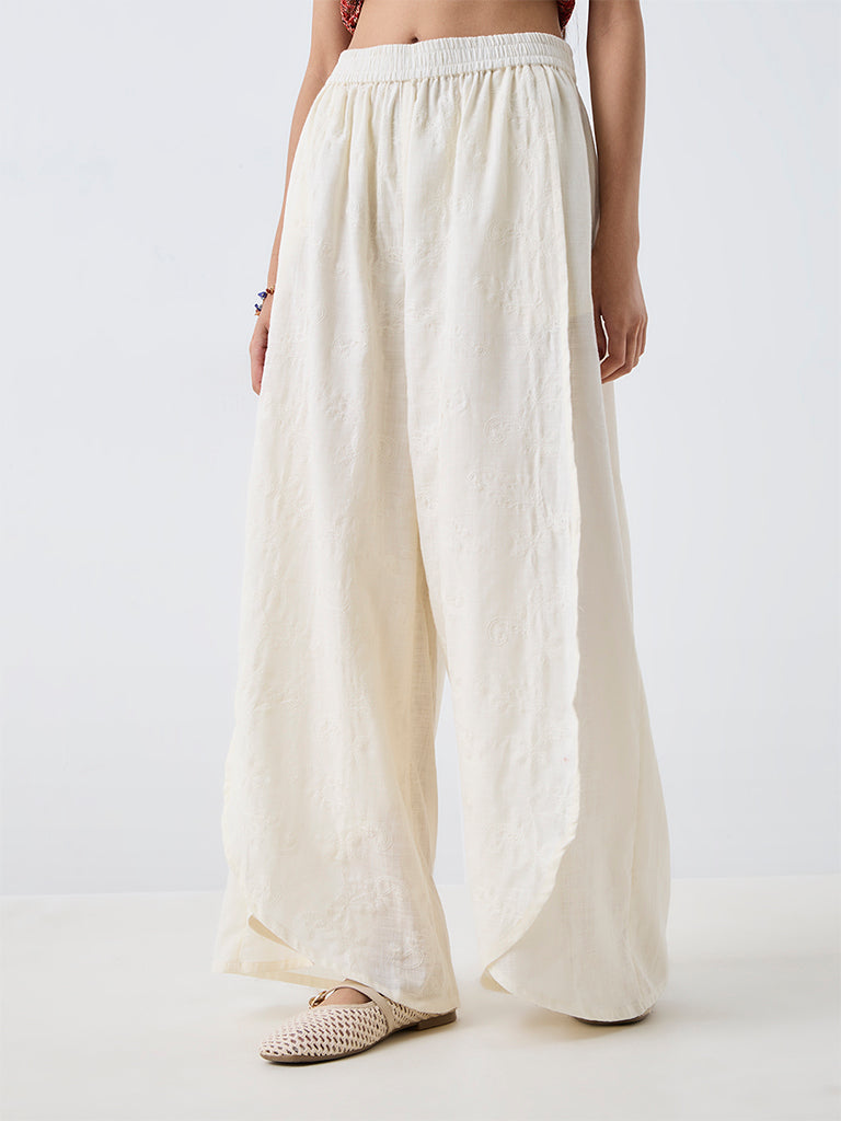 Bombay Paisley Off-White Floral Embroidered High-Rise Cotton Pants